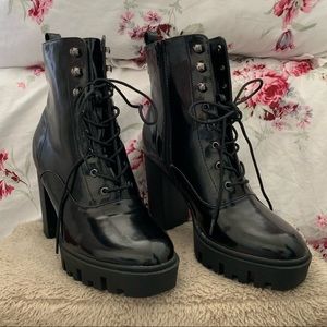 Black lace up chunky high heels